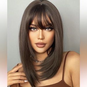 Shoulder length Wig Brunette Bangs brown hair